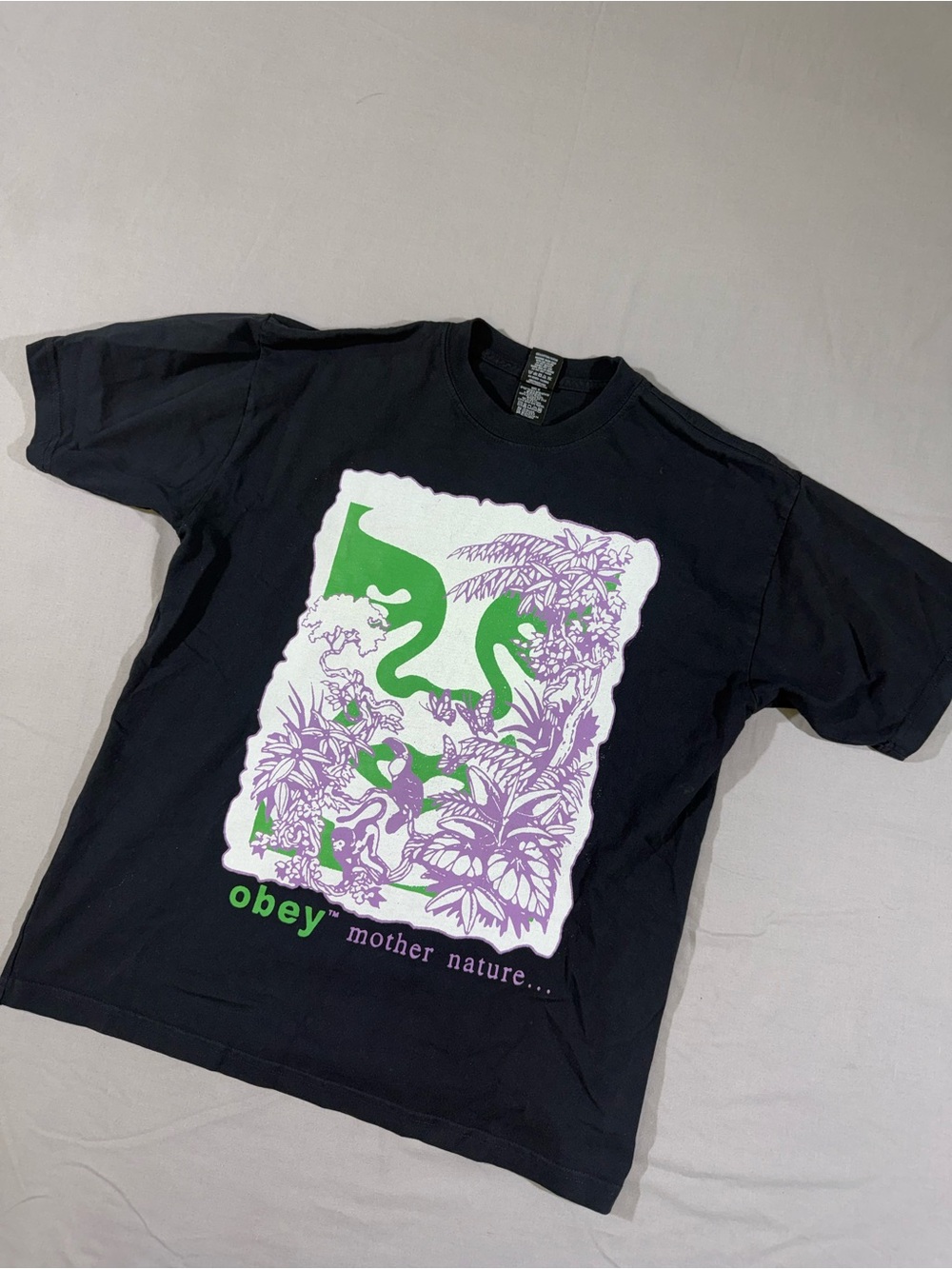 Obey Mother Nature Black Graphic Heavyweight T-Shirt - Green & Purple Print